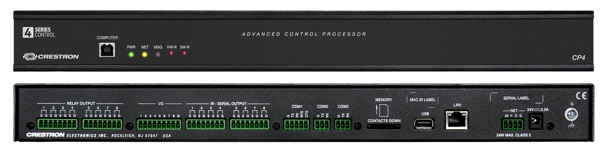 Crestron CP4 control system front and rear panels together
