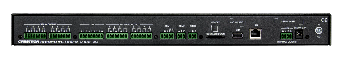 Crestron CP4 control system rear panel with relay, I/O and IR ports