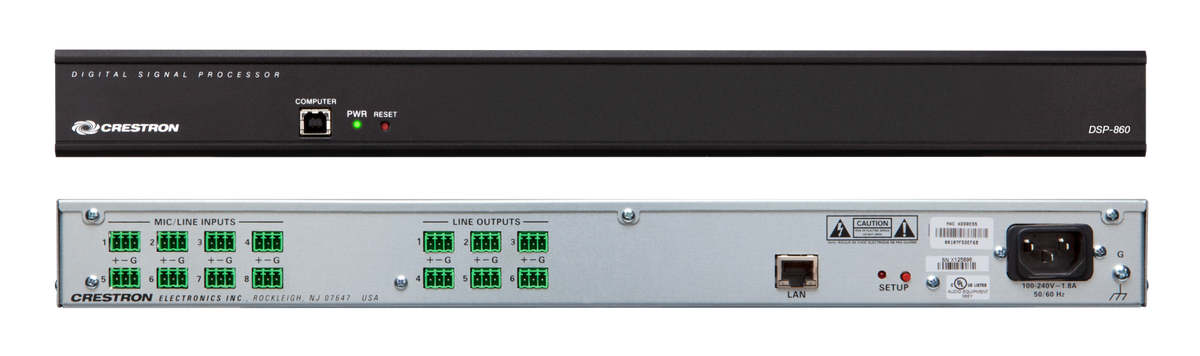 Crestron DSP-860 front and rear panels showing inputs and outputs