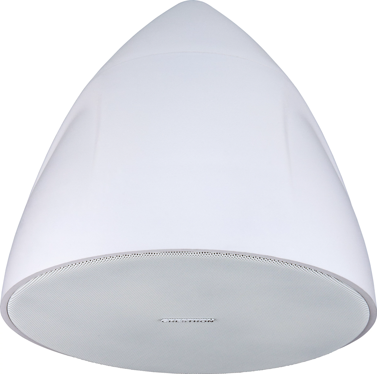 Crestron Saros PD6T-W-T-EACH white textured 6.5 inch pendant speaker, angled view