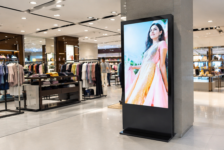 Freestanding digital kiosk display in India installed in a retail or corporate environment