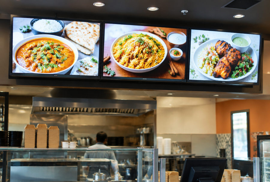 Digital menu board display in India mounted above a quick-service restaurant counter