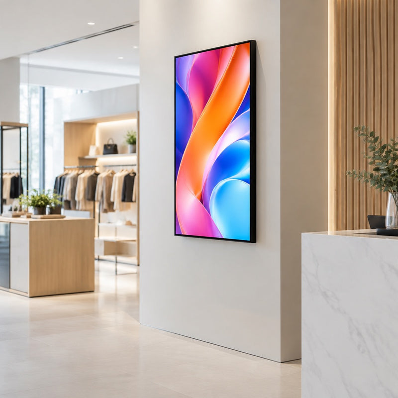 Professional digital signage display mounted in a modern retail lobby, supplied by Corporate AV in India