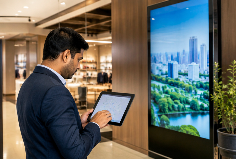AV consultant mapping a digital signage network layout across multiple locations on a tablet in India