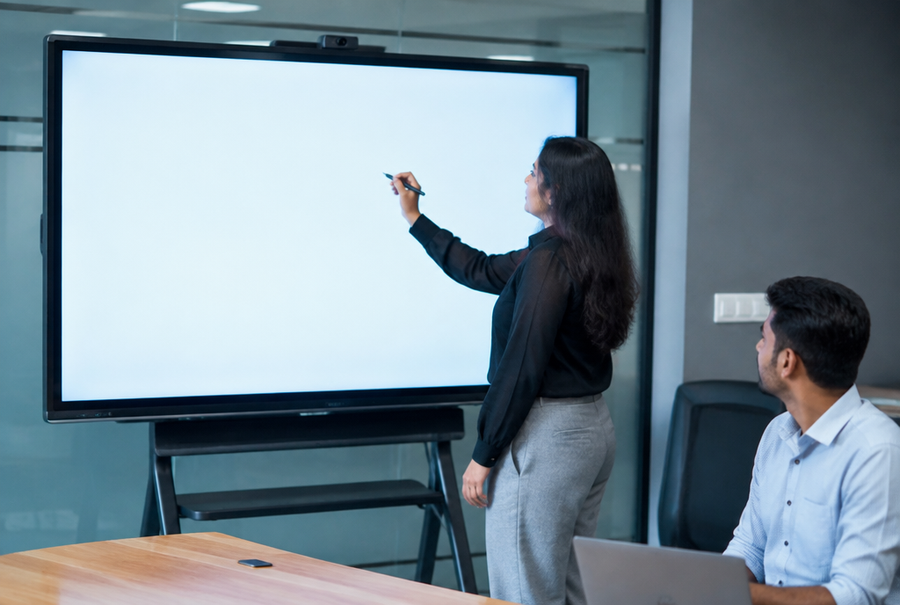 Digital whiteboard display in India used for collaborative brainstorming in a modern office