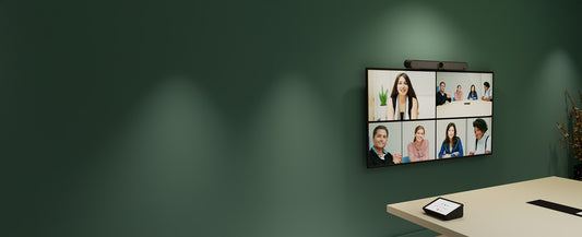 DTEN Bar all-in-one video bar with a DTEN Mate room controller - front view