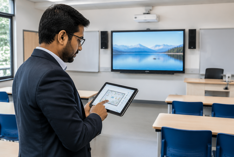 AV consultant planning classroom interactive display and audio coverage layout on a tablet for a school in India