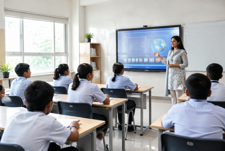 Professional education AV integration in India showing an interactive display in a modern classroom