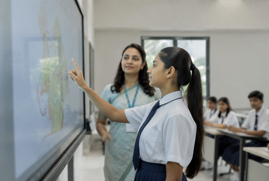 Interactive display in an Indian classroom used for collaborative learning