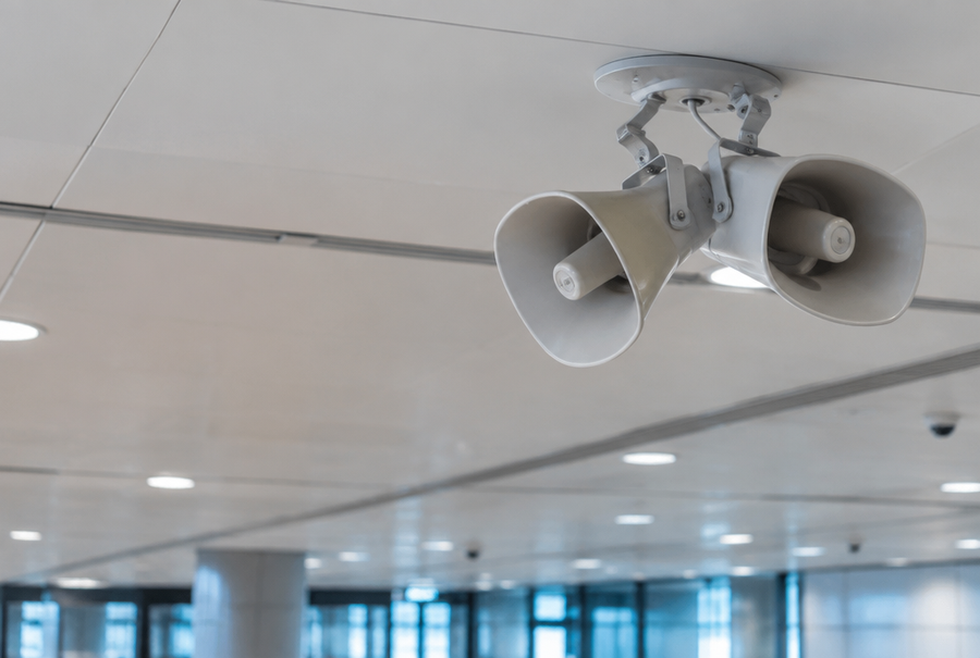 Emergency public address system in India with ceiling speakers for safety announcements