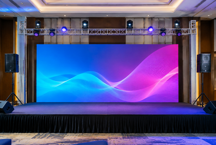 Event AV setup in India with a large stage display, lighting truss, and audio equipment for a corporate event