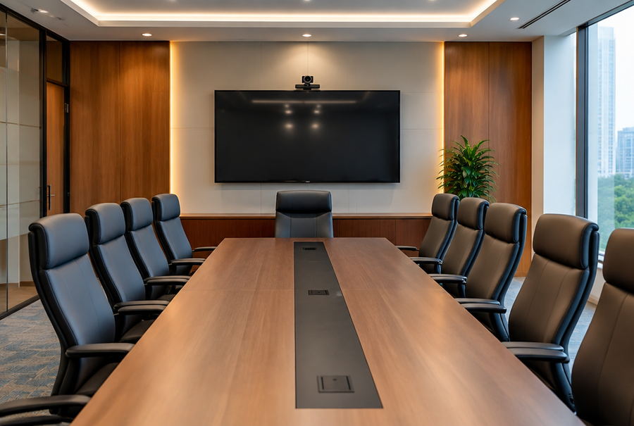 Executive boardroom in India with a large display, video conferencing camera, and premium leather seating