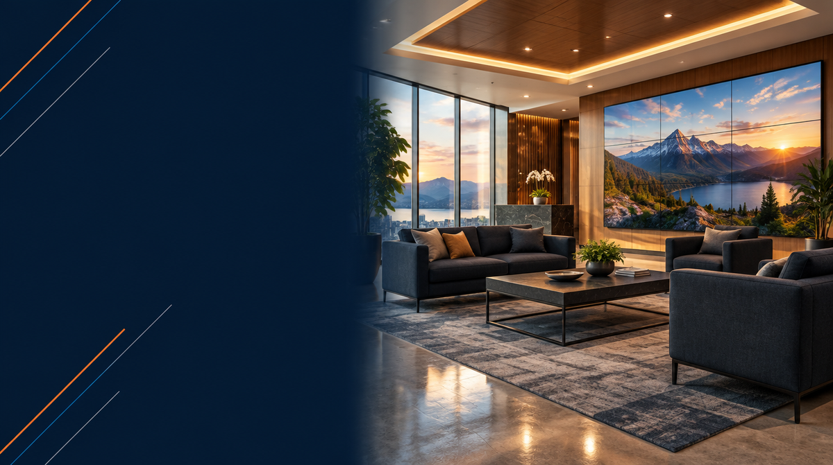 Modern corporate reception lounge with a large video wall display, representing Corporate AV's professional AV integration and consultation services across India