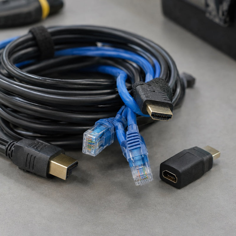 HDMI and network cables with connectors and an adapter for AV installations, from Corporate AV in India