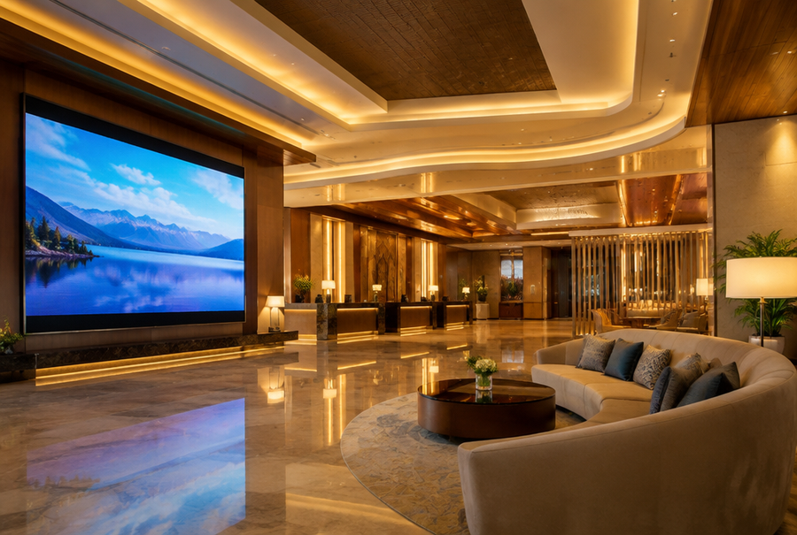 Professional hospitality AV integration in India showing a display in an elegant hotel lobby