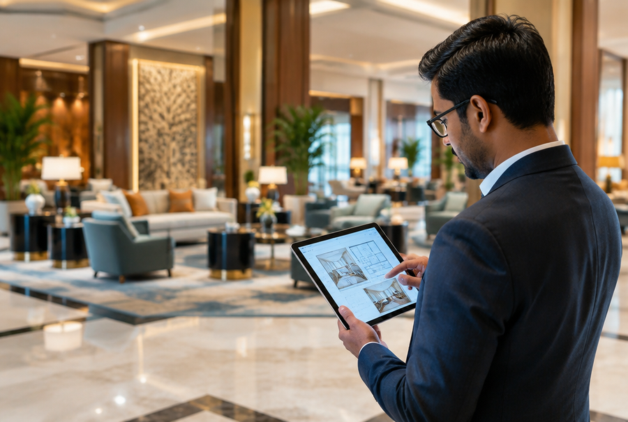 AV consultant planning hotel guest room and lobby AV layout on a tablet for a hospitality project in India