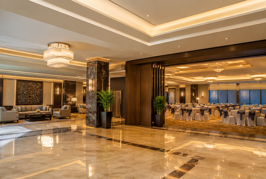 Range of hospitality AV spaces in India from hotel lobbies to banquet halls