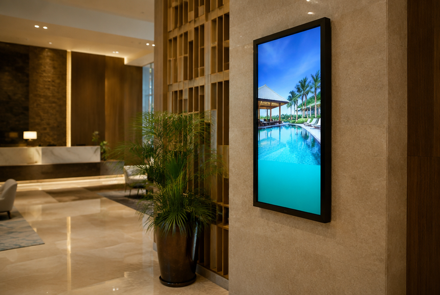 Hotel guest information display in India mounted in a lobby for wayfinding and announcements