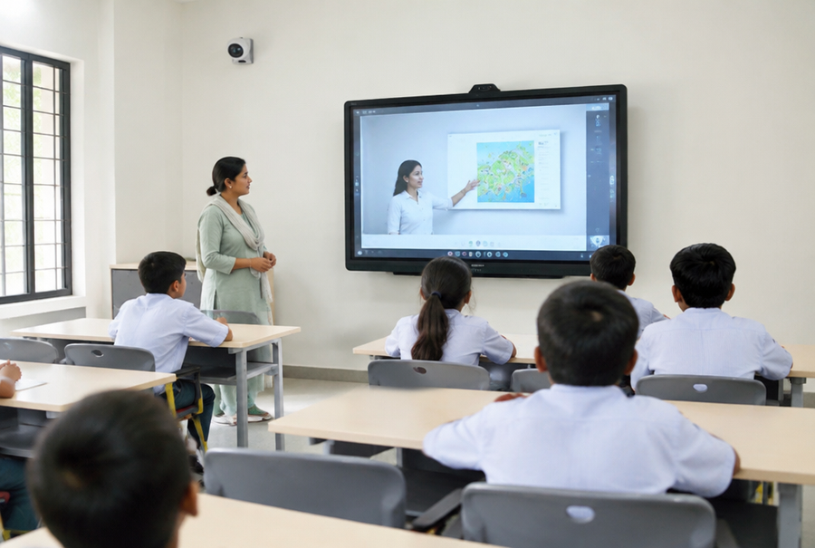 Hybrid classroom in India with an interactive display and camera for in-person and remote learning