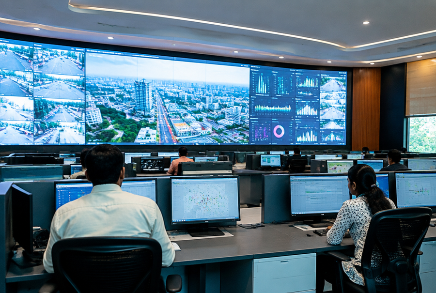 Integrated Command and Control Centre video wall in India displaying city monitoring dashboards for coordinated operations