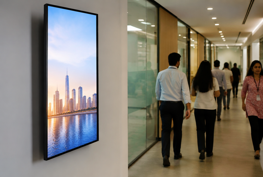 Indoor digital signage display in India mounted in a busy corporate corridor