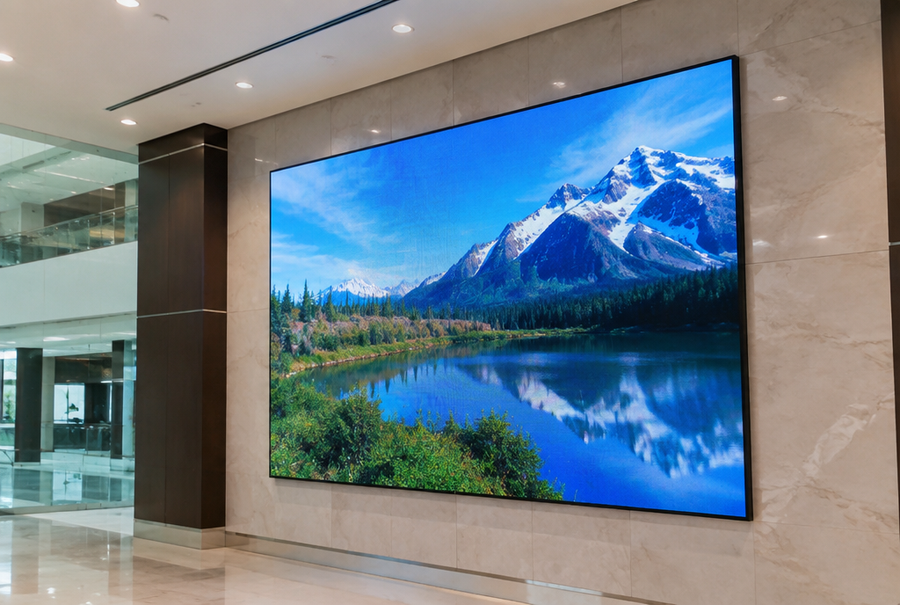 Indoor LED display wall in India installed in a modern commercial building interior