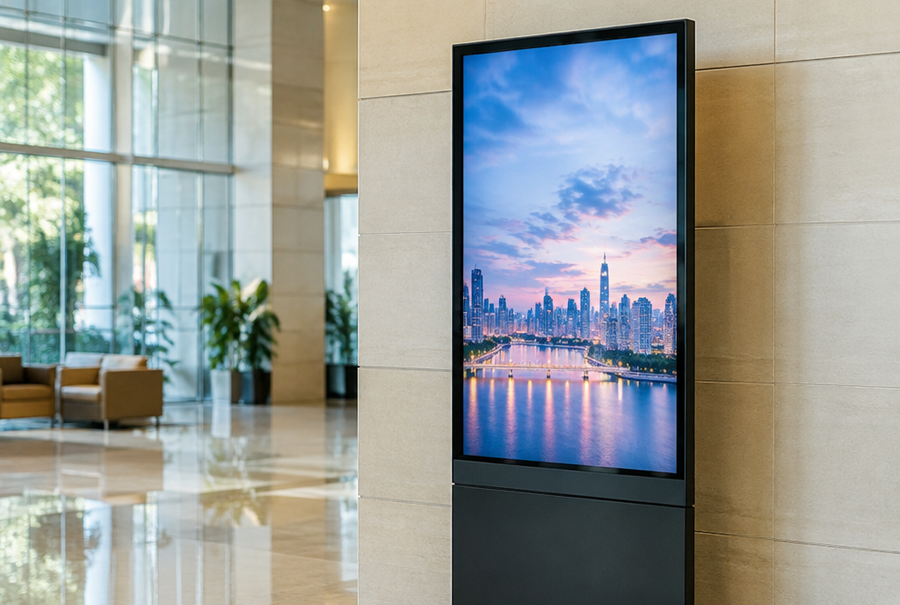 Digital information display in India showing wayfinding and directory information in a lobby