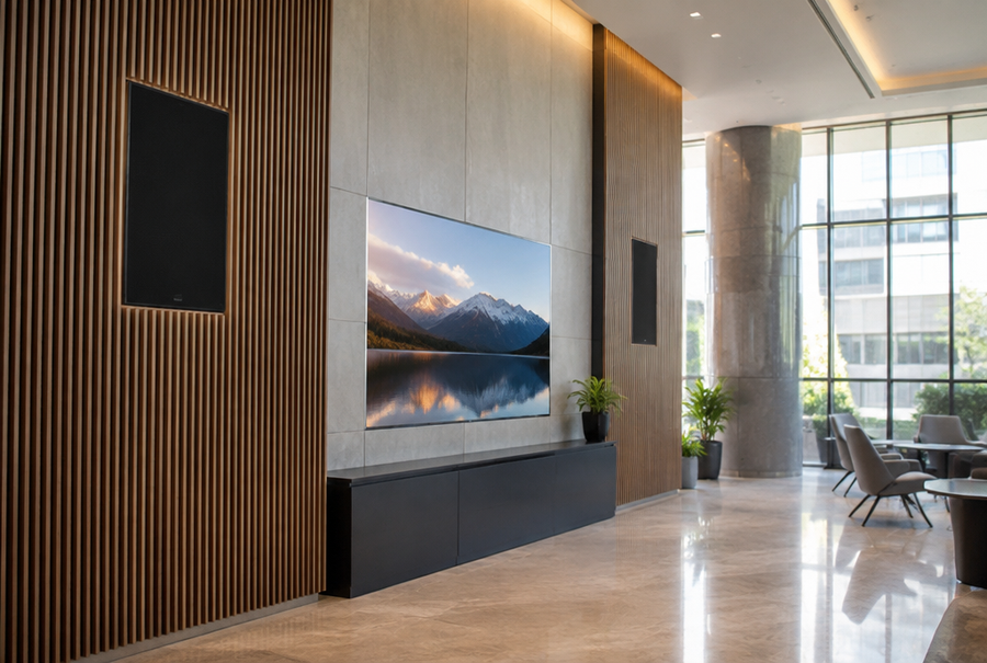 Installed audio system in India with professional speakers integrated into a commercial space