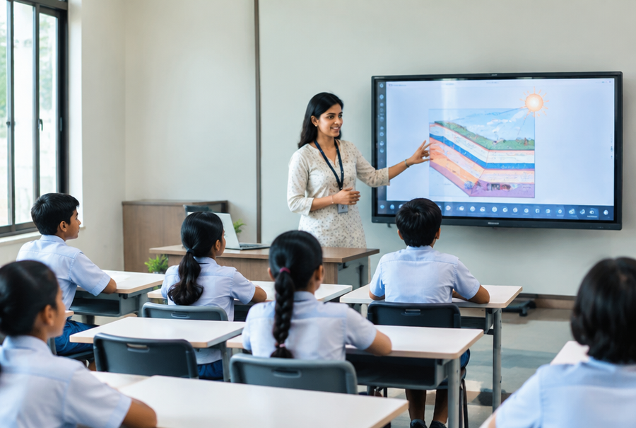 Interactive classroom in India with a touchscreen display used for engaging lessons