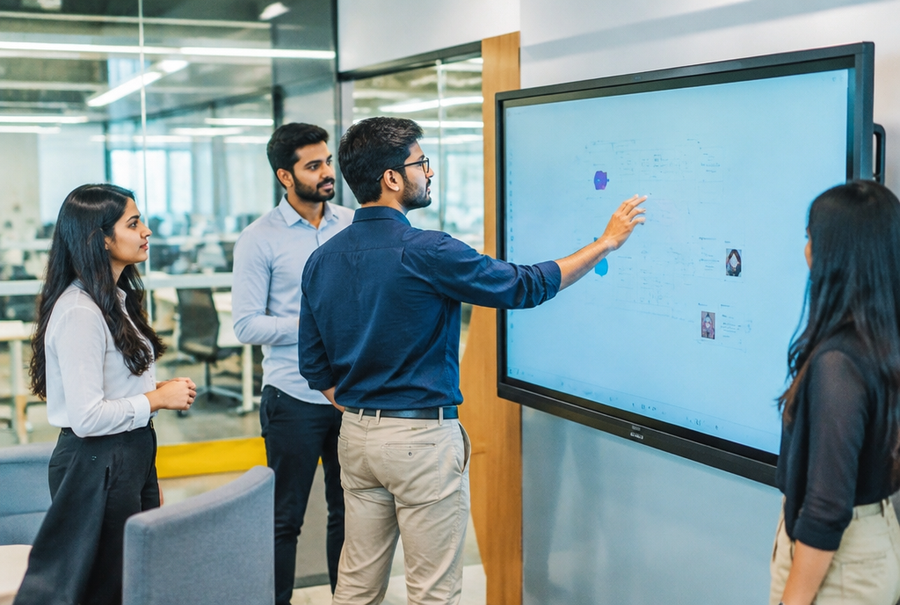 Professional interactive collaboration integration in India showing a touchscreen display in a modern office