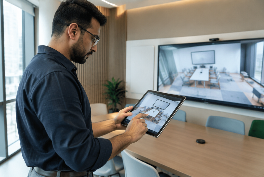 AV consultant planning an interactive collaboration space layout with digital whiteboard placement on a tablet in India
