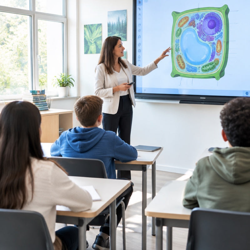 Teacher using an interactive flat panel display in a classroom, supplied and installed by Corporate AV in India