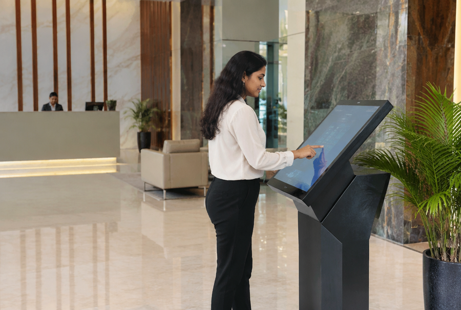 Interactive touchscreen kiosk in India installed in a modern lobby for self-service wayfinding