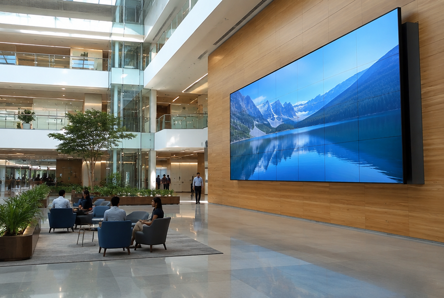 Large-format LED display wall in India installed in a spacious corporate atrium
