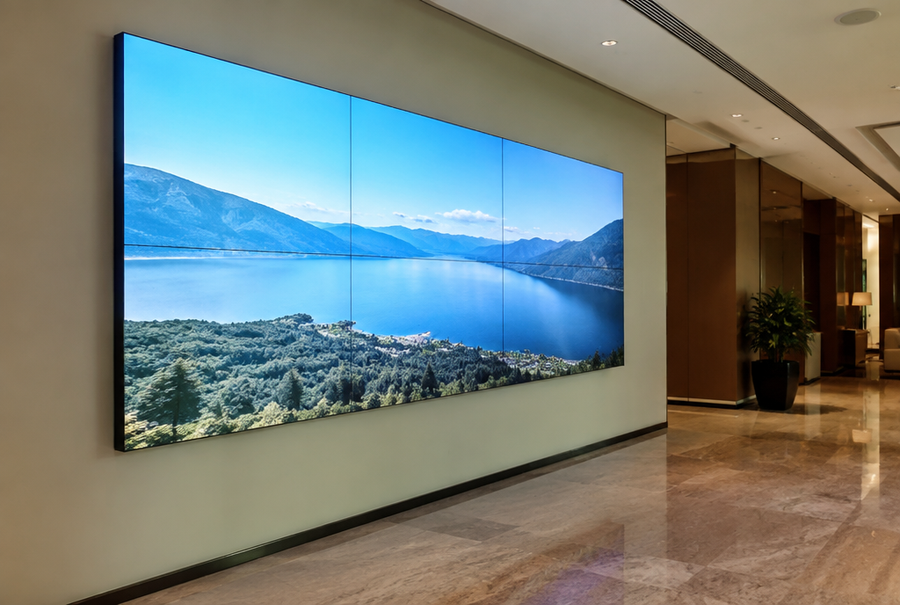 Narrow-bezel LCD video wall in India installed in a modern commercial space