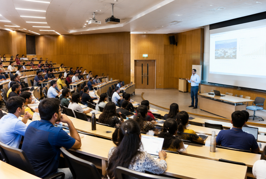 Tiered lecture hall in India with a large projection screen and ceiling-mounted speakers for clear audio and visual delivery