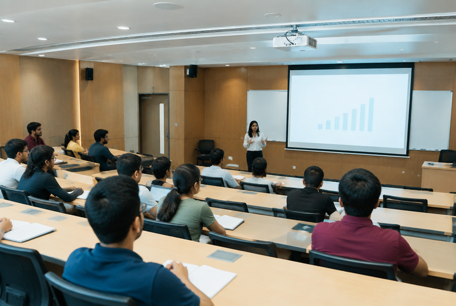 University lecture hall in India with a large display screen and tiered seating for students