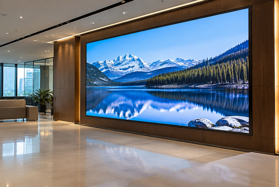Professional LED display integration in India showing a large LED wall in a corporate setting