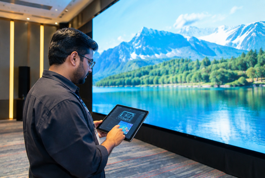 AV engineer planning LED video wall pixel pitch and viewing distance on a tablet for a project in India