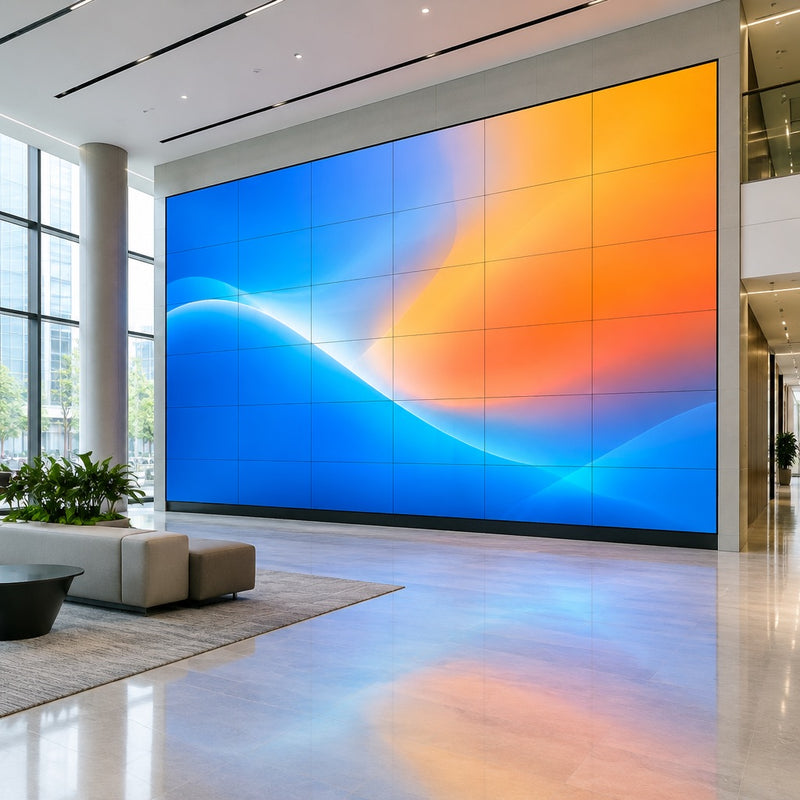 Seamless LED video wall in a corporate lobby, supplied and installed by Corporate AV in India