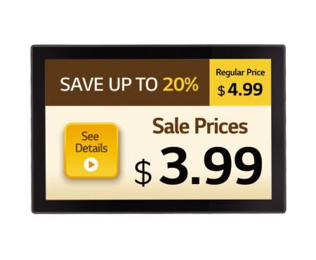 LG 10SM3TB: 10 Inch Touch Digital Signage Display - front view with on-screen content