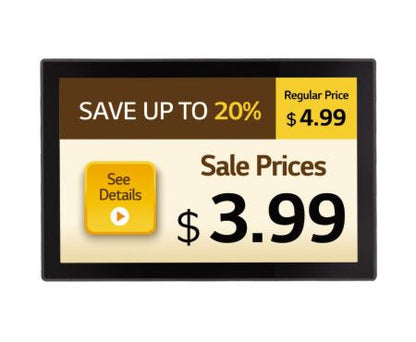 LG 10SM3TB: 10 Inch Touch Digital Signage Display - front view with on-screen content
