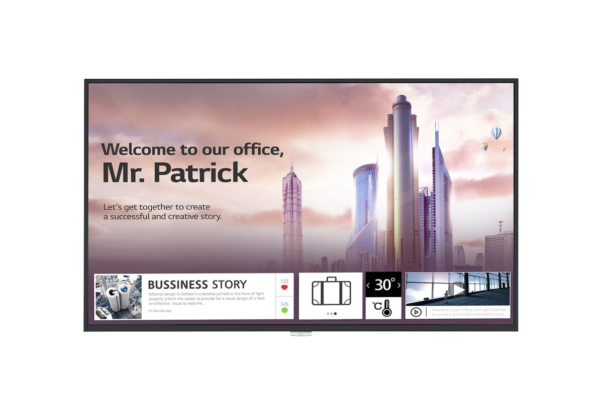 LG 49UH5F-H: 49 Inch Non-Glare UHD Signage Display with 30 Degree Tilt - front view with on-screen content