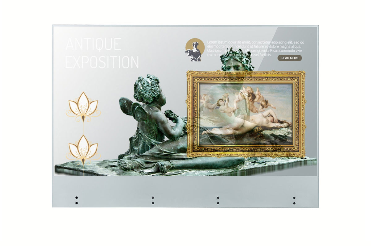LG 55EW5TK-A: 55 Inch Transparent OLED Touch Signage Display - front view with on-screen content