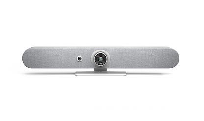 Logitech Rally Bar Mini: All in One Video Bar for Small Rooms - front view in off-white