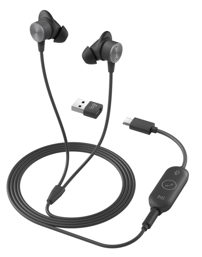 Logitech Zone Wired Earbuds: USB-C In-Ear Headset Certified for Microsoft Teams - angled view