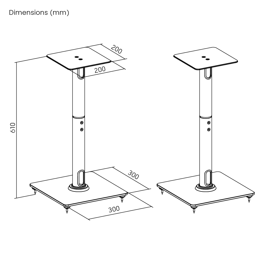 Dimension drawing of the Lumi BS-76M speaker floor stand showing overall size and mounting dimensions