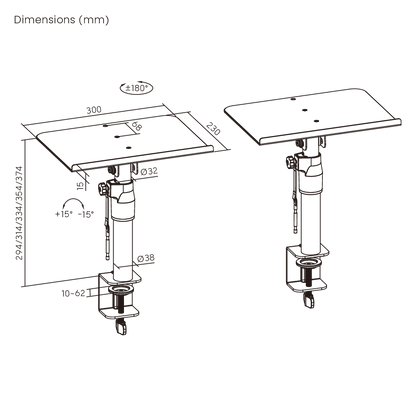 Dimension drawing of the Lumi BS-77C speaker tabletop stand showing overall size and mounting dimensions