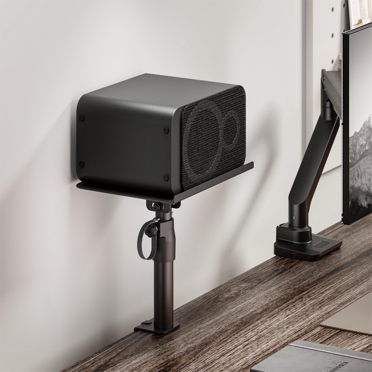 Lumi BS-77C speaker tabletop stand installed in a home or studio setting