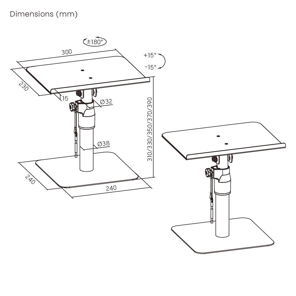 Dimension drawing of the Lumi BS-77T speaker tabletop stand showing overall size and mounting dimensions